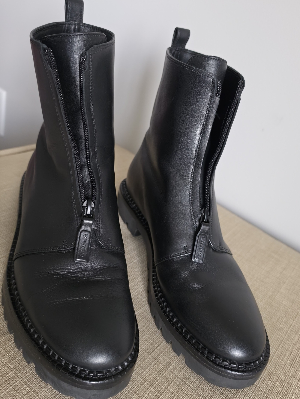VINCE Cabria Water Resistant Black Leather Front-Zip Boots